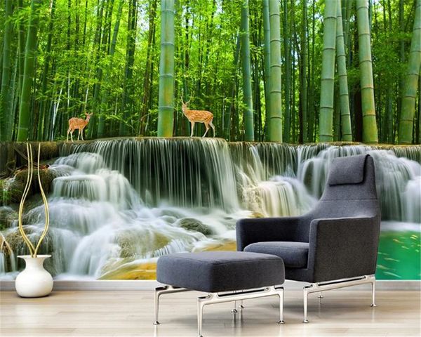 Papier peint Mural en soie 3d vivant, cascade de forêt de bambou émeraude, cerf Sika, beau paysage