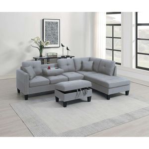 Meubles de salon Ensemble sectionnel 3 pièces LAF Canapé RAF Chaise et pouf de rangement Porte-gobelet Couleur gris taupe Canapé en tissu semblable au lin