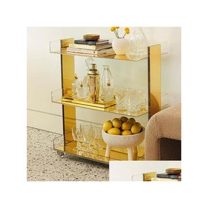 Meubles de salon Miroir doré en acrylique Chariot roulant à 3 niveaux Table d'appoint au design moderne Transparent avec roulettes Table de chevet de rangement 28 L X 1 Dhymu