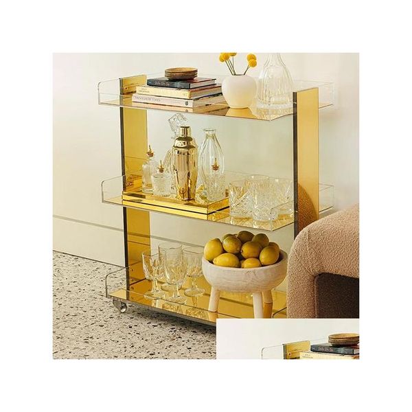 Muebles de sala Acrílico Espejo dorado Carro rodante de 3 niveles Mesa auxiliar de diseño moderno Transparente con ruedas Mesita de noche de almacenamiento 28 L x 1 DH8YF