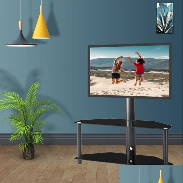 Meubles de salon US Stock Hauteur et angle réglables Mti-Fonction Cadre en métal en verre trempé Support de télévision au sol Support LCD Plasma D Dhrd0