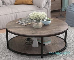 Muebles de sala de estar, mesa de centro redonda en stock, superficie de madera rústica, patas de metal resistentes, sofá industrial para sala de estar Mod1086175