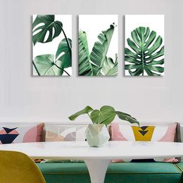 Sala de estar Arte de la pared Hoja verde Vida simple Pintura Dormitorio Decoración de la pared Planta Monstera 3 piezas Lienzo Arte Pintura Tropical Verde Naturaleza Imágenes