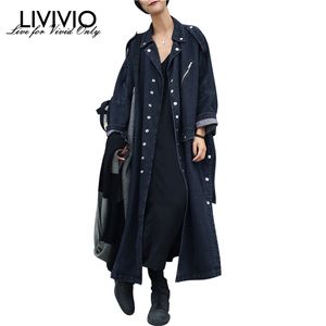 [LIVIVIO] Oversize Denim Manches longues Trench Coat Femmes Side Split Button Down Dames Mode Noir Coupe-vent Automne Nouveau 201110