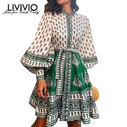 LIVIVIO Vintage estampado floral manga larga de soplo con cordones cintura elegante mini vestido de mujer ropa de otoño para mujeres coreanas Y200102316S