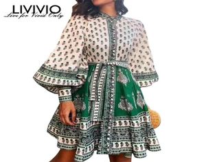 Livivio Vintage Floral Print Long Puff Sleeve Lace Up Tailled Elegant Ladies Mini Dress Autumn Dessing For Women Korean Y2001022365251