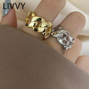 LIVVY Zilveren Kleur Eenvoudige Gladde Uitgeholde Geometrische Cross Chain Verstelbare Ring voor Vrouwen Paar Unieke Partij Sieraden