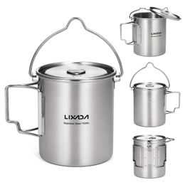 Lixada Olla de acero inoxidable de 750 ml con tapa para colgar Taza de agua con mango plegable portátil para acampar al aire libre Cocinar Senderismo Picnic 240117