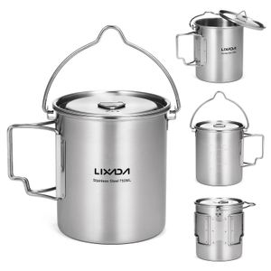 Lixada Pot en acier inoxydable de 750 ml avec couvercle suspendu, poignée pliable portable, tasse d'eau pour camping en plein air, cuisine, randonnée pique-nique 240117