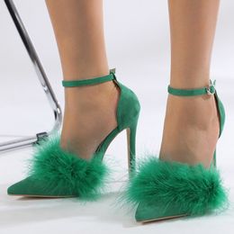 Liyke 2023 nouveau Sexy bout pointu talons hauts pompes mode vert moelleux plume été Stiletto sandales femmes robe de soirée chaussures