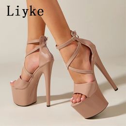 LIYKE Fashion Rison Plateforme de sangle de cheville Sandale Summer Patent Cuir Open Toe Zip Sexy 17cm High Heels Pole Dance Chaussures 240529