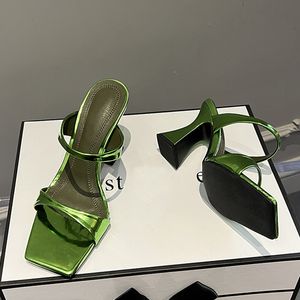 Liyke haute qualité vert cuir verni talons étranges pantoufles Sexy rue femme bout carré robe chaussures de soirée sandales d'été