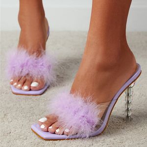 Liyke étrange Style clair talons hauts pantoufles transparentes mode violet fourrure plume été sandales Peep orteil chaussures femmes diapositives