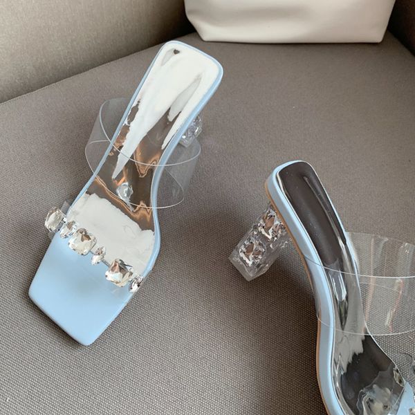 Liyke été bleu femmes chaussures extérieur mode pantoufles cristal diamant PVC Transparent talons clairs bout carré diapositives sandales