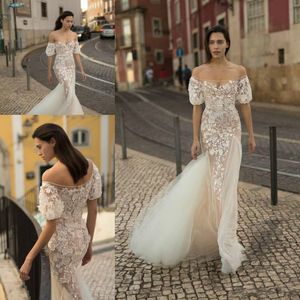 Liz Martinez Robes De Mariée Sirène Hors Épaules À Manches Courtes Champagne Longues Robes De Mariée Belle Dentelle Fleurs Appliques Été 2019