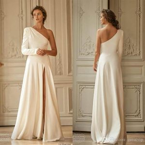 Liz Martinez sexy goedkope simpele een lijn jurken hoge zijde split lange mouw een schouderland bruidsjurken trouwjurk Vestidos