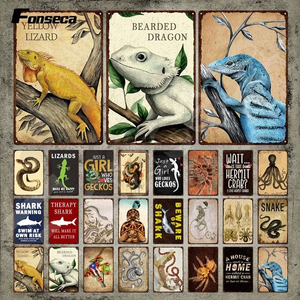 Lézard Plaque en métal Cold Blooded Reptile Tin Sign Shark Warning and Snake Metal Poster Animal Stickers Muraux pour Chambre Extérieure Maison Man Cave Room CustomDecor 30X20CM w01