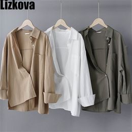 Lizkova 100% katoen witte blouse vrouwen lange mouw oversized shirt lente japenese revers dames casual tops LJ200811