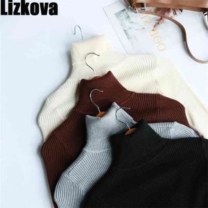Lizkova noir côtelé haut en tricot femmes à manches longues pull à col roulé hiver décontracté dames hauts pullover 210806