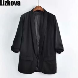 Lizkova Noir Mince Blazer Femmes Trois Quarter Sleeve Jacket Petite costume Bureau Lady Blazer 201023