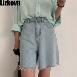 Lizkova Koreaanse Hoge Taille Wide Been Denim Shorts Dames Zomer Blauw Vinatge Jeans Feminino Tassel Pantalones Cortos 210719