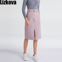 Lizkova roze potlood rok winter vrouwen hoge taille split faldas met riem elegante officiële dames jupes 2810 210730