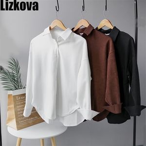 Lizkova blanc velours côtelé chemise formelle femmes à manches longues Blouse officielle dames hauts surdimensionnés 8876 210326