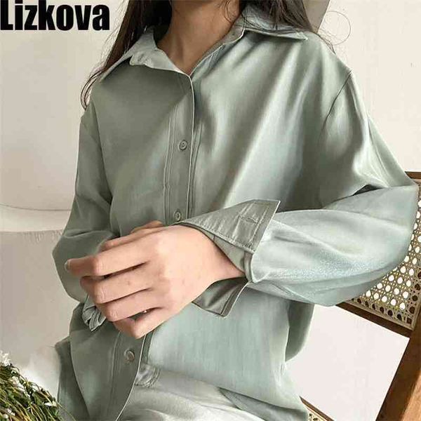 LIZKOVA COTON BLANC COLON OFFRIAL FEMMES FEMMES SHIner Longue manche décontractée Elegant Lapel Ladies Tops 8888 210401