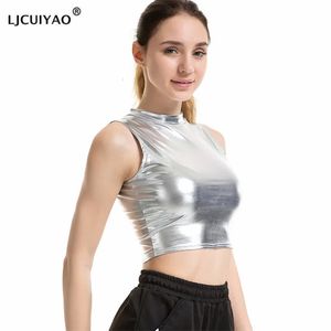 LJCUIYAO Femmes Crop Top Brillant Matériel En Cuir Sans Manches Gilet Sport Débardeurs Or Argent Brillant Coloré Vert Rouge Vêtements 240229