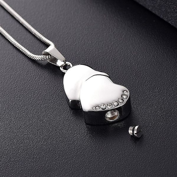 LKJ12447 Colgante de cremación de corazón en tono plateado para hombres y mujeres, soporte para cenizas, collar de urna conmemorativa con embudo, caja de regalo 3285