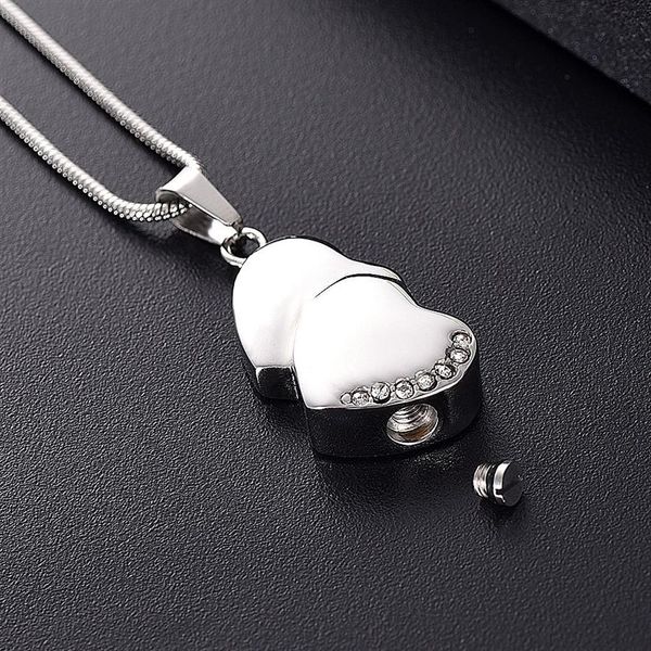 LKJ12447 Colgante de cremación de corazón en tono plateado para hombres y mujeres, soporte para cenizas, collar de urna conmemorativa con embudo, caja de regalo 230t