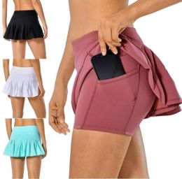 LL-007 Faldas de tenis, falda plisada para Yoga, ropa de gimnasio para mujer, pantalones cortos deportivos para correr, Fitness, Golf, cintura trasera, bolsillo con cremallera