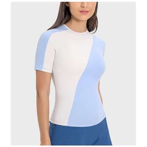 LL-076 Double combinaison côtes beau haut de Yoga à manches courtes léger coupe ajustée sport Fitness chemise pour les femmes