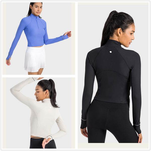 LL-1577 Femmes LU Yoga manches longues veste tenue couleur unie côtelé sport façonnage taille serré Fitness lâche Jogging vêtements de sport pour dame