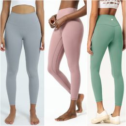 LL-1903 Color sólido Yoga para mujer Pantalones largos de cintura alta Trajes de yoga Ejercicio Ropa deportiva Niñas Correr Leggings Noveno pantalones Elásticos Medias de ropa deportiva para adultos
