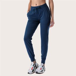 LL-2079 Pantalon Long pour femmes, tenue de Yoga, ample, neuvième pantalon d'exercice, Sport, Gym, course à pied, pantalon à bandes à la cheville, élastique, taille haute, cordon de serrage respirant