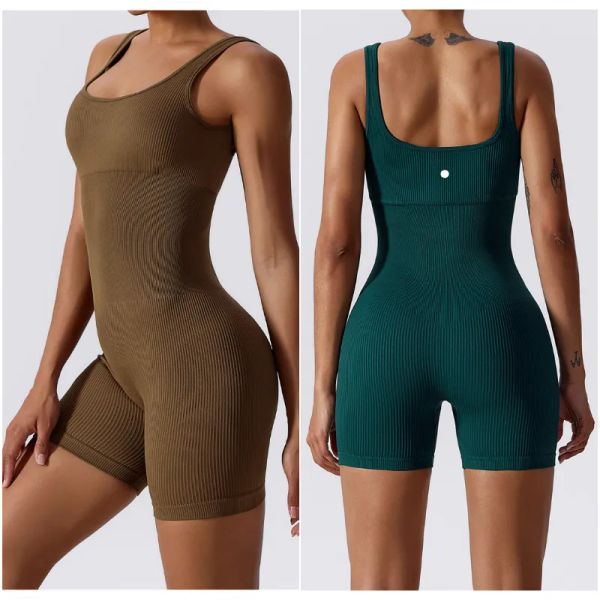 Combinaisons lu pour femmes, tenues de Yoga, sans manches, moulante, danse, Sport, short, Leggings respirants, body, LL-6982