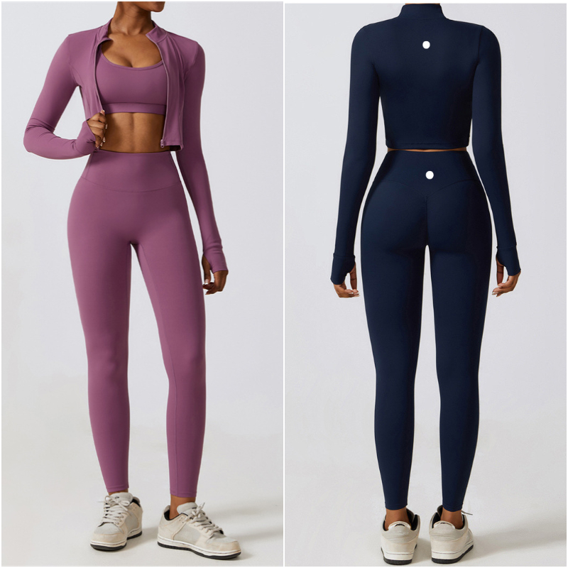 LL-8347 Damen-Yoga-Outfit, dreiteilig, Anzüge, Weste + Hose + Jacken, eng anliegend, Fiess Wear, Laufen, elastisch, Workout, Sportbekleidung, Hosenoberteile mit hoher Taille