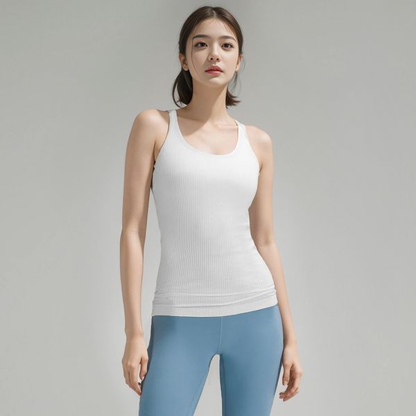 LL Gym Yoga Soutien-Gorge Dos Nu Crop Top Femmes Ras Du Cou Avec Gym Hors Épaule Sexy Débardeurs Fitness Cami Casual Été Tricot Côtelé Ceinture Slim-Fit Gilet