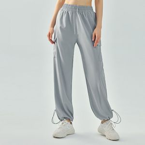 LL Pantalones deportivos de cintura alta, sueltos, con muñón de dibujo, para mujer, bomba alta, piernas anchas, pantalones finos de fitness, pantalones deportivos transpirables para correr