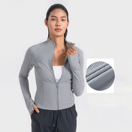 Ll Lemons Ribbed Women Cropped Jacket Fu-Zip Yoga Gym Coat Longueur Sweatshirts Slim Fit Sports Vestes avec des trous de pouce