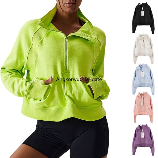 LL Pullover Demi Fermeture Éclair Col Haut Pull pour Femme Vêtements de Sport Coupe-Vent et Chaud en Plein Air Running Veste en Coton Lâche Manches Longues Look Lumineux Fitness Yoga Costume