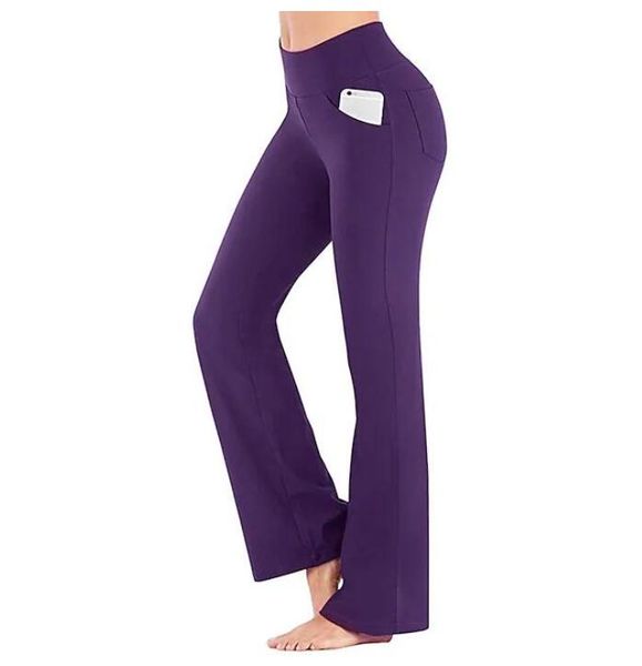 LL Mujer Diseñador Tiro alto Elástico Bolsillo lateral Verano Deportes Ropa deportiva Pantalones de yoga Bootcut Flare Pierna Control de barriga Estiramiento Secado rápido Gris oscuro Fiess Entrenamiento