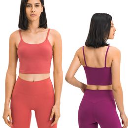 LL Sujetador deportivo elástico con tiras para mujer Camiseta sin mangas de yoga de línea larga Sujetador deportivo Chaleco de entrenamiento Camisola Tops cortos con almohadilla extraíble para niña adolescente