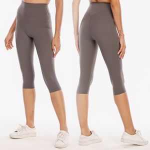 LL Mujeres Yoga Cintura alta Doble cara Cepillado Desnudo Yoga Capris Mujeres Levantamiento de cadera Correr Pantalones de fitness Pantalones de yoga de secado rápido de alto estiramiento