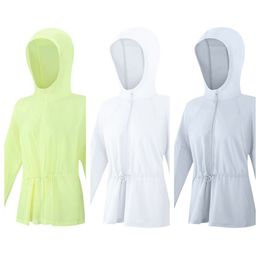 LL Veste de yoga à fermeture éclair pour femme, combinaison de protection solaire à manches UPF40 +, veste à manches longues résistante aux UV avec chapeau, haut de sport à séchage rapide pour adulte, fermeture éclair de couleur unie