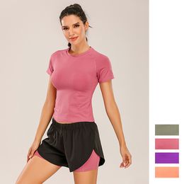 ll femmes Yoga tenue à manches courtes col rond respirant sans couture séchage rapide Fintness Gym haut court été t-shirt T-0152