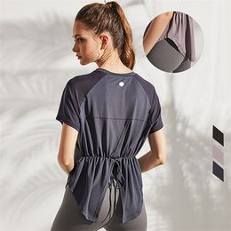 ll dames yoga korte mouw smock dames mesh sport top losse hardloop fitness dunne en lichte t-shirt zomer 3 kleuren t905c