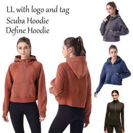 LL Sweat à capuche pour femme avec demi-fermeture éclair, sweat-shirt de yoga, étiquette brodée, leggings de créateur pour femme, vêtements de sport, sports de plein air, jogging, ensemble de vêtements de sport