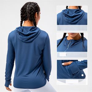 ll Traje de yoga para mujer Sudaderas con capucha de protección solar Chaqueta con capucha con cremallera de manga larga Camisas casuales UPF 50 Bloqueador solar Camisetas con cremallera completa Bolsillos para el verano D15011